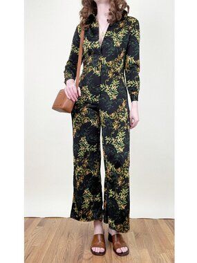 Vintage 70s 80s Jumpsuit Wide Leg Botanical Floral Print Eccentric Disco Boho